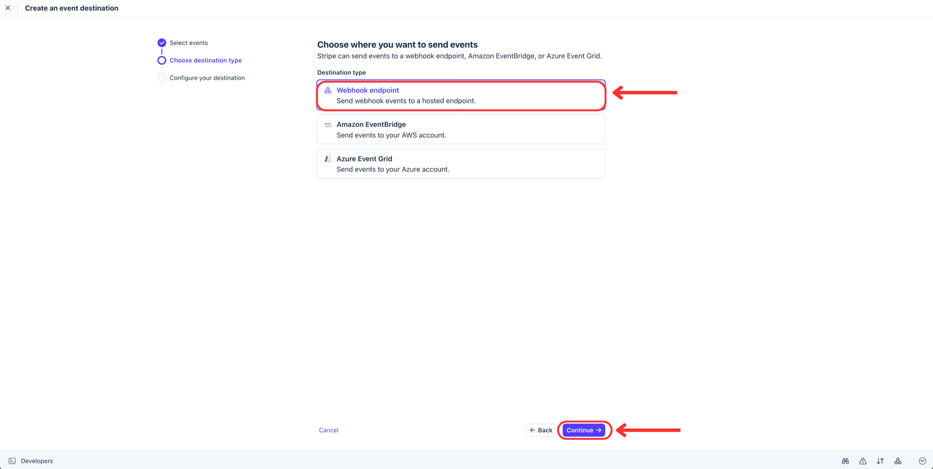 Stripe wizard 'Choose where you want to send events' with the Webhook endpoint option selected and the Continue button highlighted