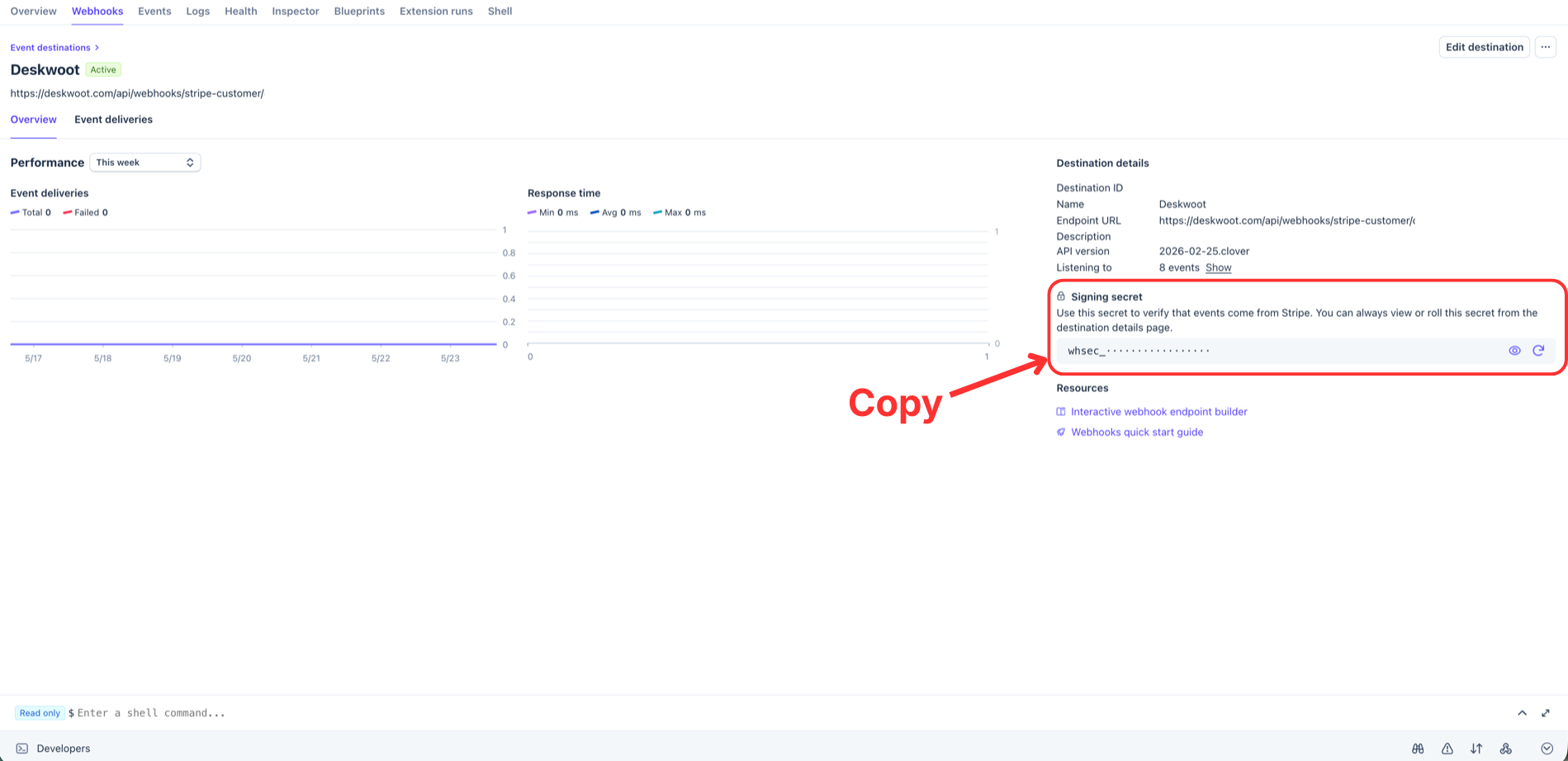 New Stripe webhook endpoint page with an Active badge and the Signing secret box (whsec_...) highlighted on the right side