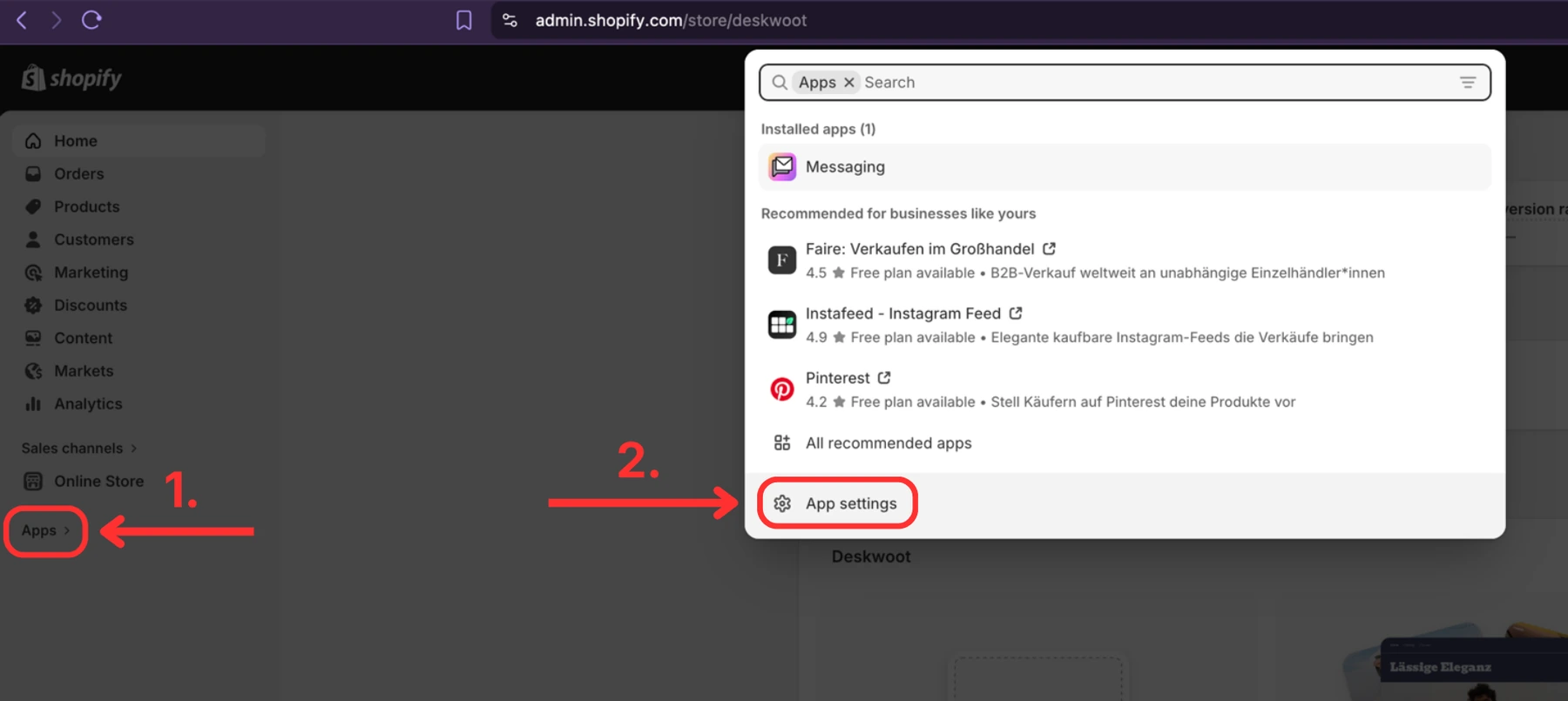 Click Apps then App settings in the dev.shopify.com sidebar
