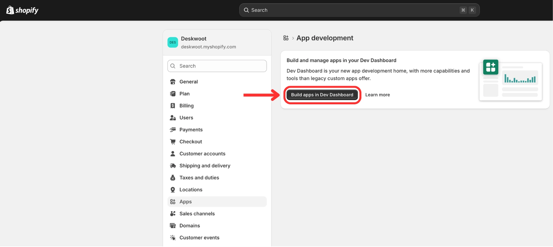 Click Build apps in Dev Dashboard