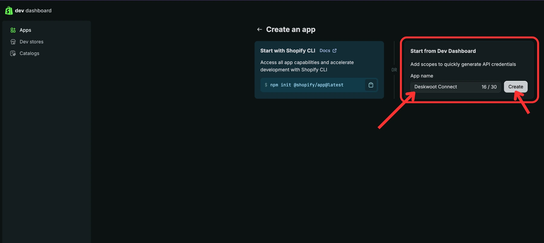 Enter app name in the right side field then click Create