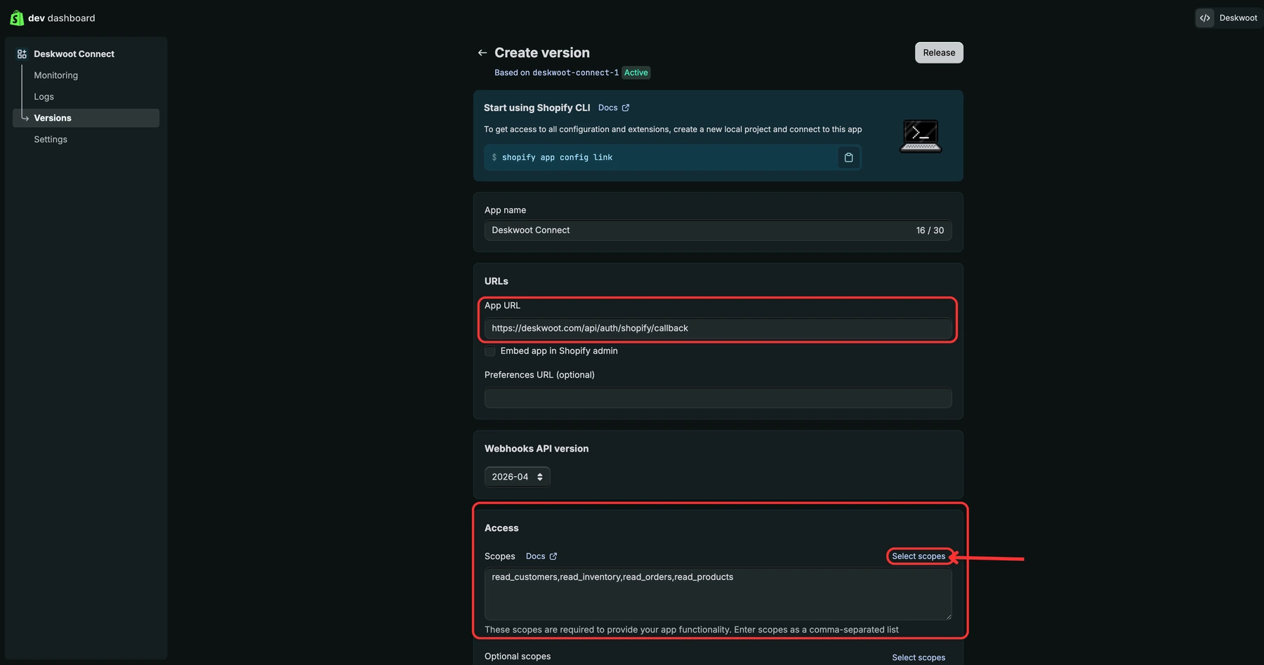 Set App URL, untick Embed app in Shopify admin, set Scopes
