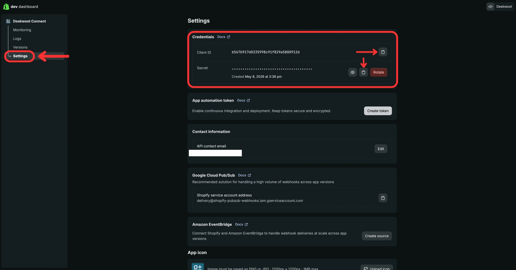 Copy Client ID, then reveal and copy Client Secret