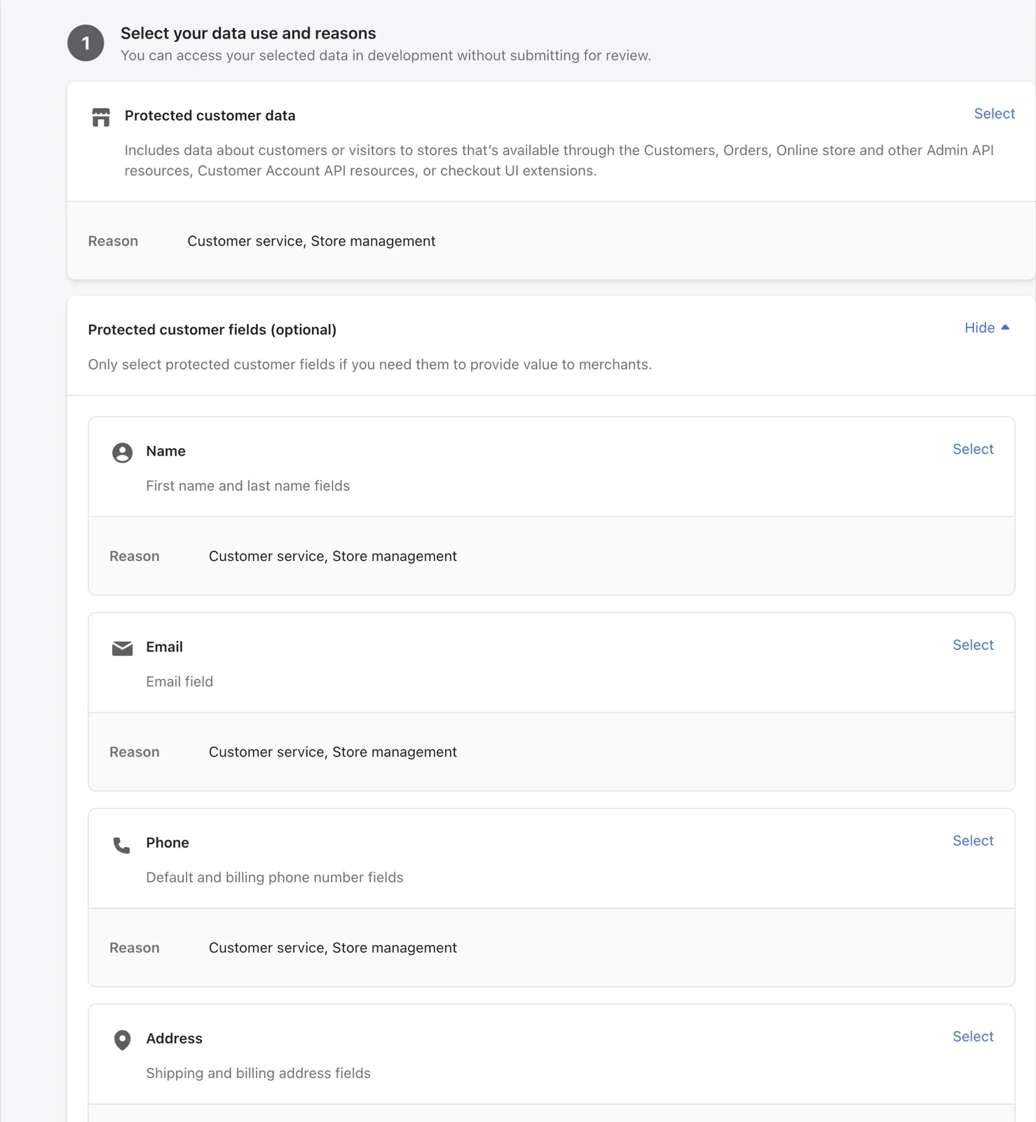 Protected customer data and the fields Name, Email, Phone and Address, each with the reasons Customer service and Store management