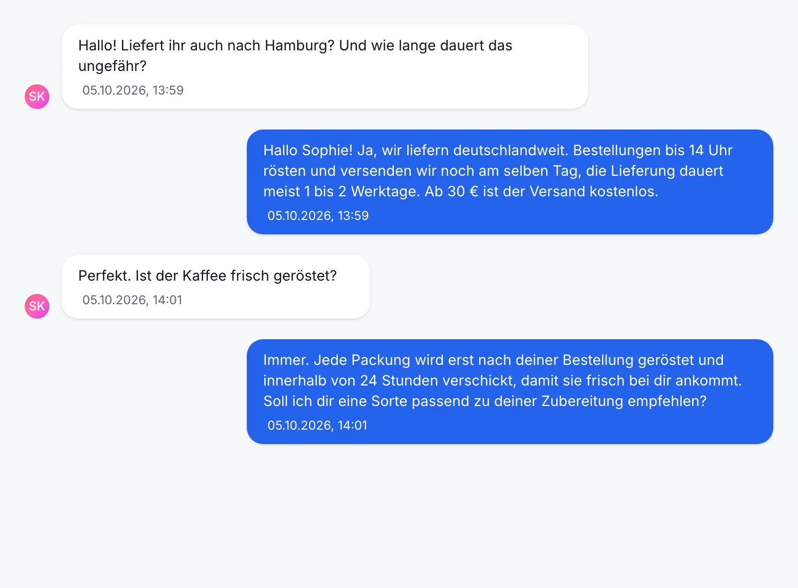 Fynn beantwortet im Deskwoot-Posteingang eine Kundenfrage zum Versand