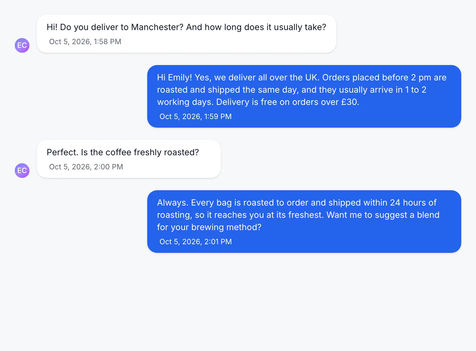 Fynn answering a customer's shipping question in the Deskwoot inbox