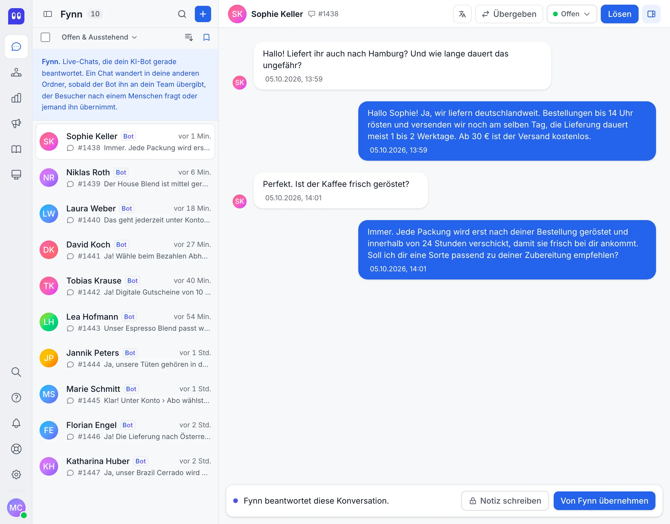 Fynn beantwortet Live-Chats im Deskwoot-Posteingang