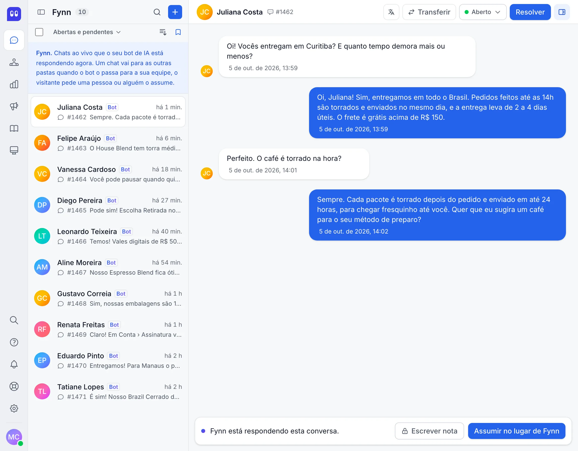 Fynn respondendo chats ao vivo na caixa de entrada da Deskwoot