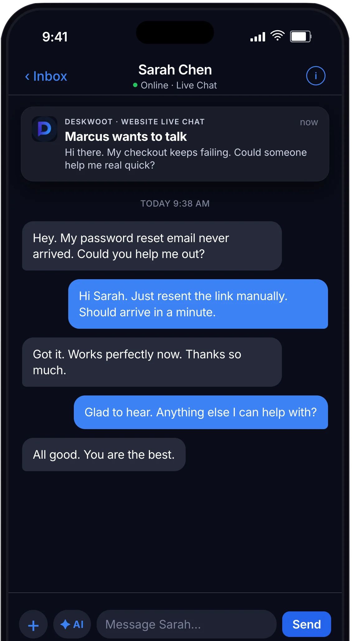 Deskwoot customer support app showing a live chat conversation on iPhone