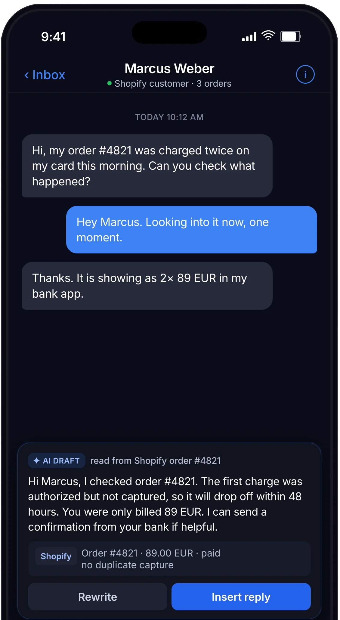 Deskwoot iPhone app drafting an AI reply from Shopify order data