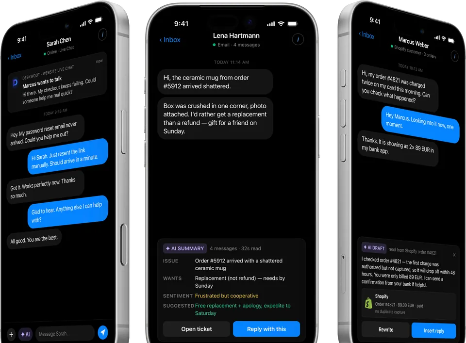 App de atendimento ao cliente com IA no iPhone: chat ao vivo com Sarah Chen, push na tela de bloqueio do AI Bot e um rascunho do AI Copilot para um pedido Shopify