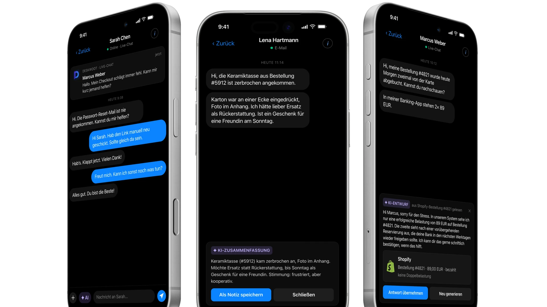 KI-gestützte Kundenservice-App auf dem iPhone: Live-Chat mit Sarah Chen, Lockscreen-Push vom KI-Bot und ein KI-Copilot-Entwurf für eine Shopify-Bestellung