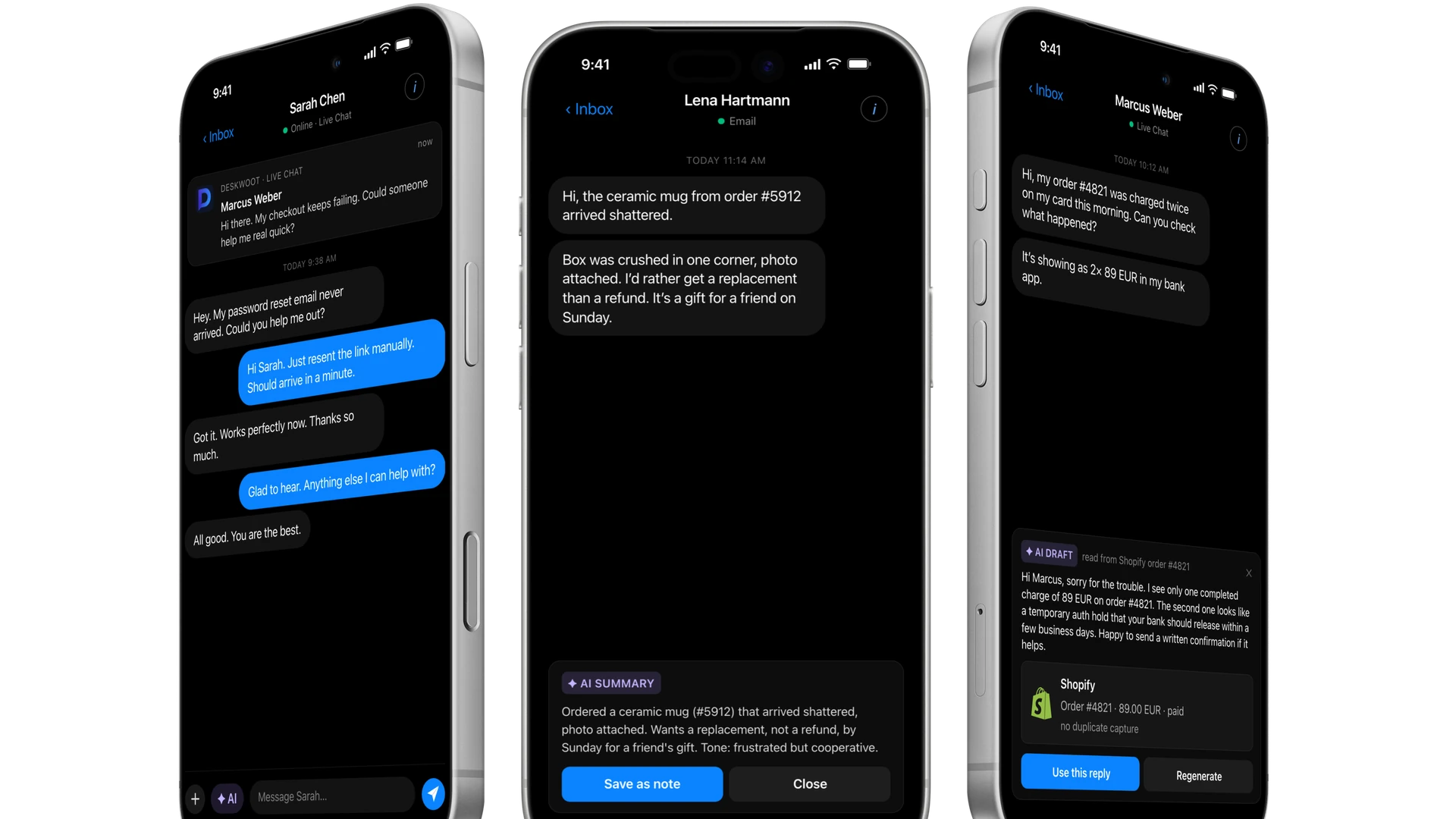 AI-powered customer service app on iPhone: live chat with Sarah Chen, lockscreen push from the AI Bot, and an AI Copilot draft for a Shopify order