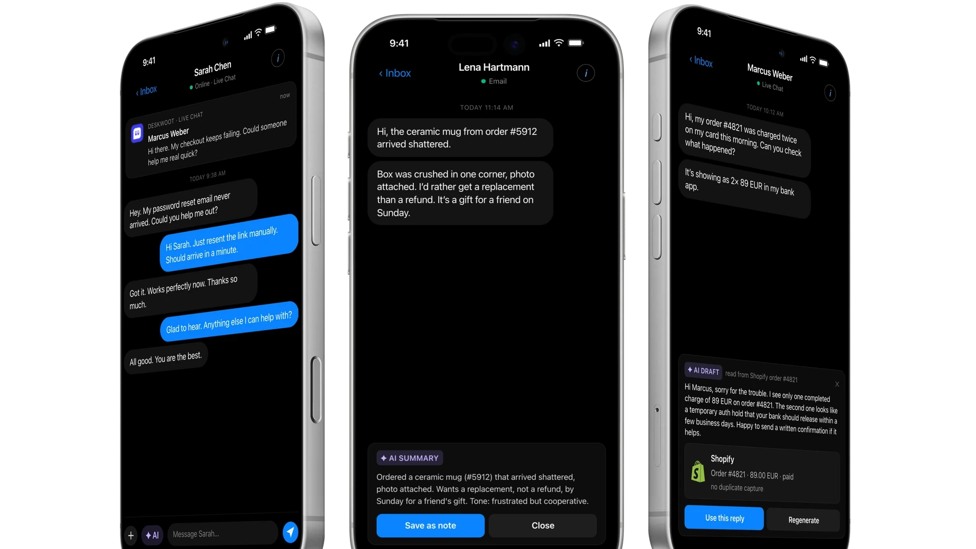 Deskwoot customer service app on iPhone: a live chat with Sarah Chen, an AI summary of an email and an AI Copilot draft for a Shopify order