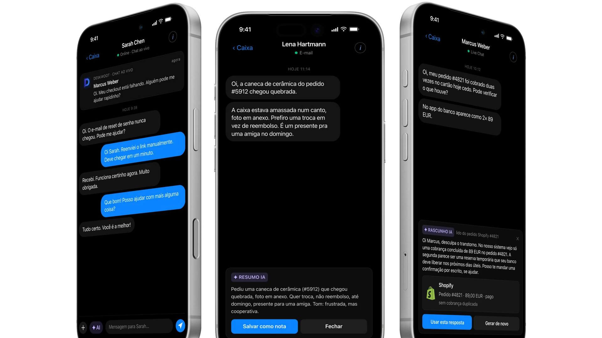 App de atendimento ao cliente com IA no iPhone: chat ao vivo com Sarah Chen, push na tela de bloqueio do AI Bot e um rascunho do AI Copilot para um pedido Shopify